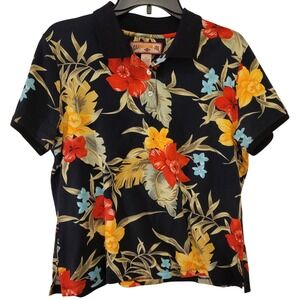 Caribbean Joe Womens Petite Polo Shirt Tropical Floral Print Short Sleeve